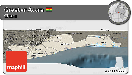 Shaded Relief Panoramic Map of Greater Accra, darken