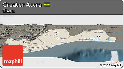Shaded Relief Panoramic Map of Greater Accra, darken