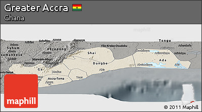 Shaded Relief Panoramic Map of Greater Accra, darken, semi-desaturated