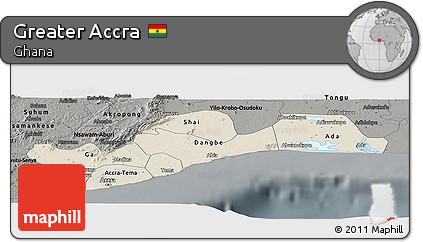 Shaded Relief Panoramic Map of Greater Accra, darken, semi-desaturated