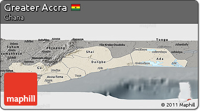 Shaded Relief Panoramic Map of Greater Accra, darken, semi-desaturated