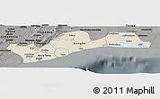 Shaded Relief Panoramic Map of Greater Accra, darken, semi-desaturated