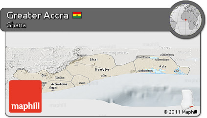 Shaded Relief Panoramic Map of Greater Accra, lighten, semi-desaturated