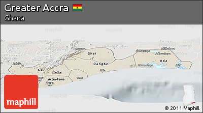 Shaded Relief Panoramic Map of Greater Accra, lighten, semi-desaturated