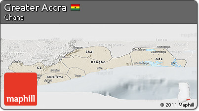 Shaded Relief Panoramic Map of Greater Accra, lighten, semi-desaturated
