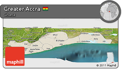 Shaded Relief Panoramic Map of Greater Accra, satellite outside