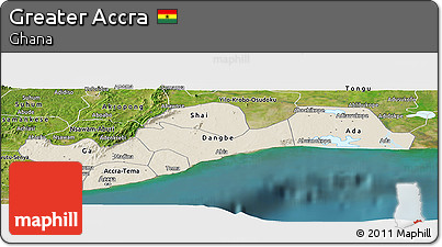 Shaded Relief Panoramic Map of Greater Accra, satellite outside