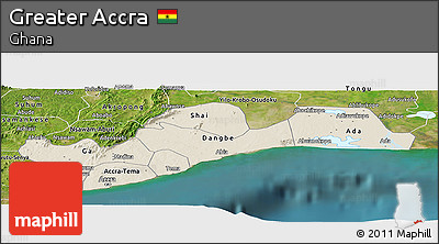 Shaded Relief Panoramic Map of Greater Accra, satellite outside