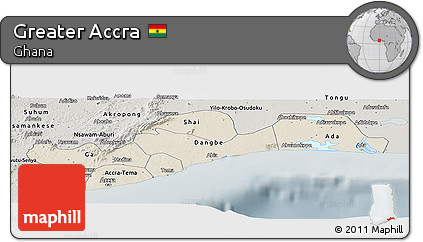 Shaded Relief Panoramic Map of Greater Accra, semi-desaturated