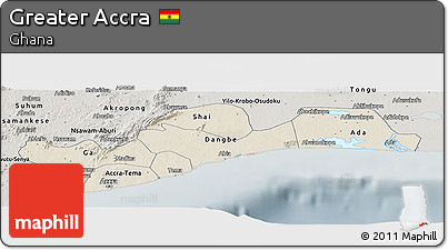 Shaded Relief Panoramic Map of Greater Accra, semi-desaturated
