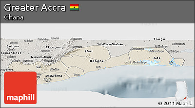 Shaded Relief Panoramic Map of Greater Accra, semi-desaturated