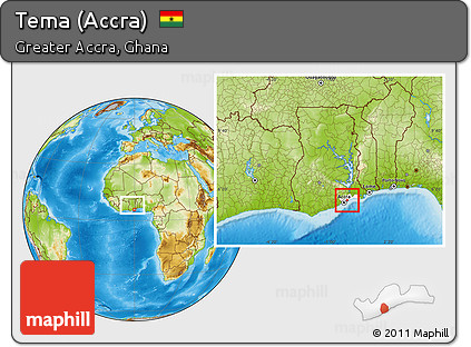 Physical Location Map of Tema (Accra), highlighted parent region, within the entire country