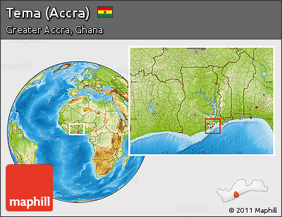 Physical Location Map of Tema (Accra), highlighted parent region, within the entire country