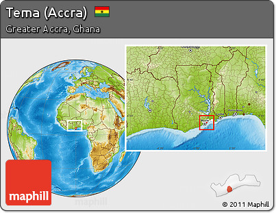 Physical Location Map of Tema (Accra), highlighted parent region, within the entire country