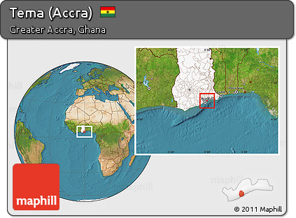 Satellite Location Map of Tema (Accra), highlighted country, highlighted parent region