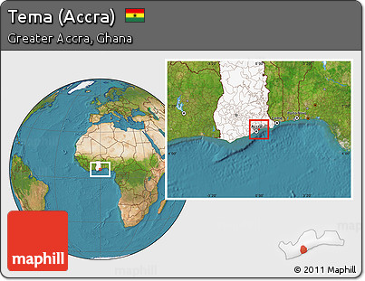 Satellite Location Map of Tema (Accra), highlighted country, highlighted parent region