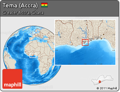 Shaded Relief Location Map of Tema (Accra)