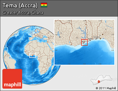 Shaded Relief Location Map of Tema (Accra)