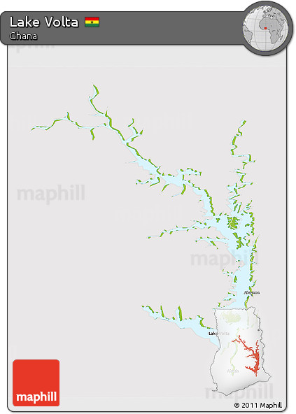 Physical 3D Map of Lake Volta, cropped outside