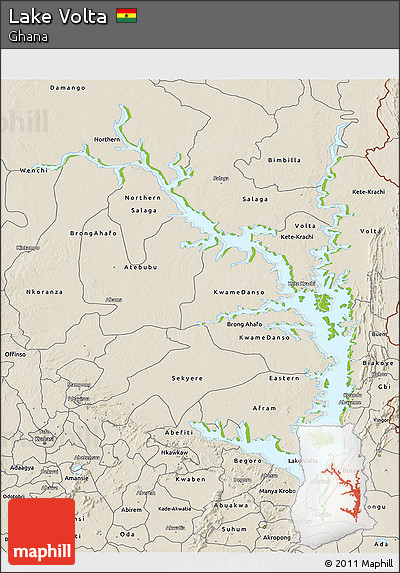 Physical 3D Map of Lake Volta, shaded relief outside