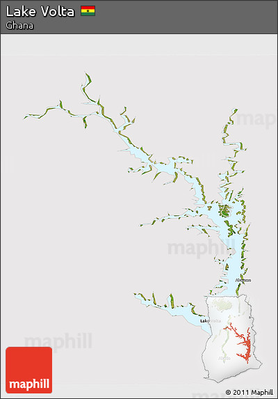 Satellite 3D Map of Lake Volta, cropped outside