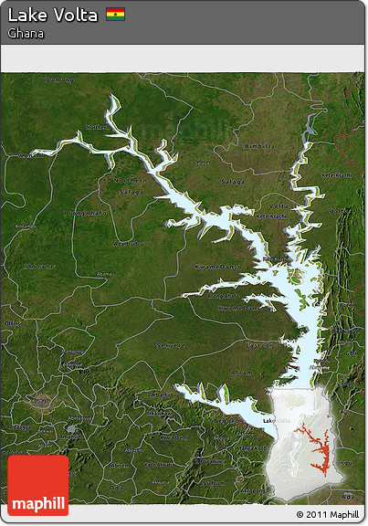 Satellite 3D Map of Lake Volta, darken
