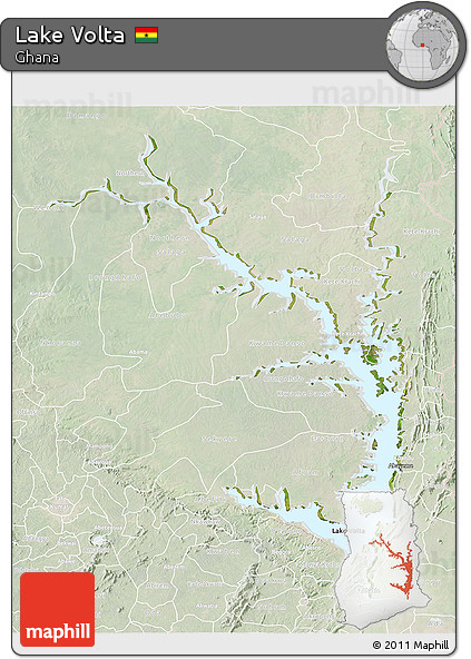 Satellite 3D Map of Lake Volta, lighten