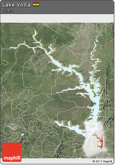 Satellite 3D Map of Lake Volta, semi-desaturated