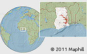 Savanna Style Location Map of Lake Volta, highlighted country, hill shading