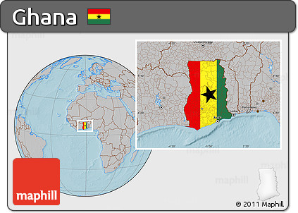 Flag Location Map of Ghana, gray outside, hill shading outside