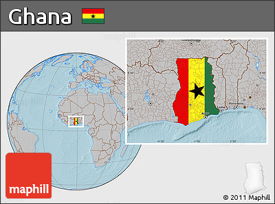 Flag Location Map of Ghana, gray outside, hill shading outside