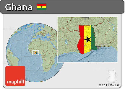 Flag Location Map of Ghana, savanna style outside, hill shading outside