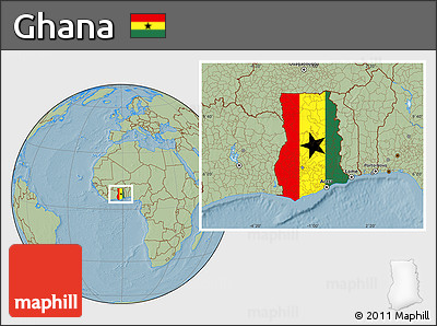 Flag Location Map of Ghana, savanna style outside, hill shading outside
