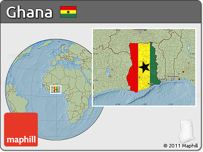 Flag Location Map of Ghana, savanna style outside, hill shading outside