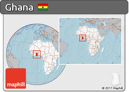 Gray Location Map of Ghana, highlighted continent, within the entire continent, hill shading