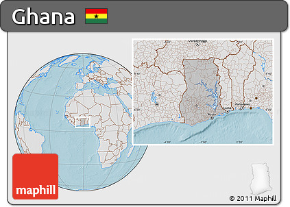 Gray Location Map of Ghana, lighten, land only, hill shading