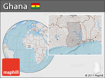 Gray Location Map of Ghana, lighten, land only, hill shading