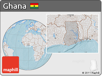 Gray Location Map of Ghana, lighten, land only, hill shading