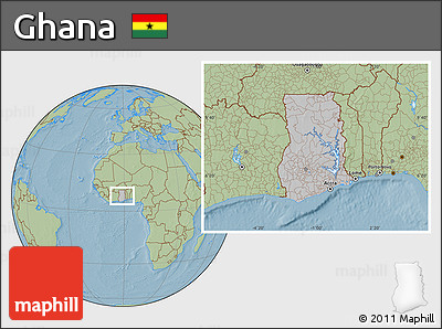 Gray Location Map of Ghana, savanna style outside, hill shading