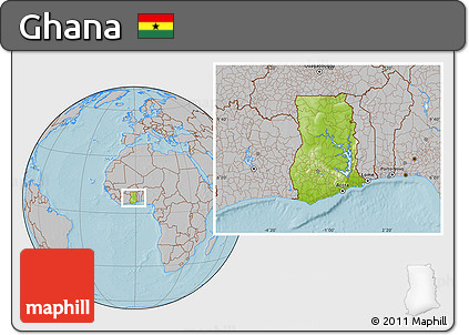 Physical Location Map of Ghana, gray outside, hill shading