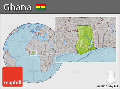 Physical Location Map of Ghana, gray outside, hill shading