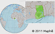 Political Location Map of Ghana, gray outside, hill shading