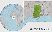 Satellite Location Map of Ghana, gray outside, hill shading