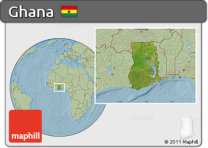 Satellite Location Map of Ghana, savanna style outside, hill shading