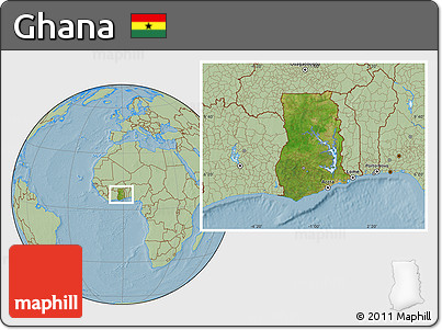 Satellite Location Map of Ghana, savanna style outside, hill shading