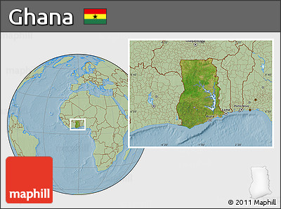 Satellite Location Map of Ghana, savanna style outside, hill shading