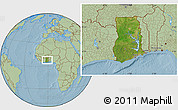 Satellite Location Map of Ghana, savanna style outside, hill shading