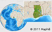 Satellite Location Map of Ghana, shaded relief outside