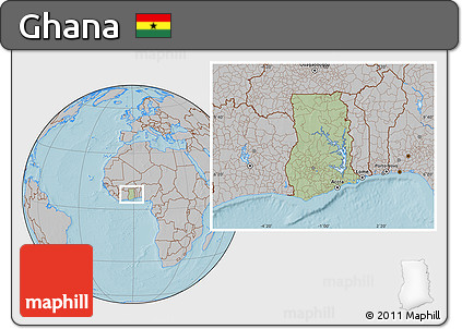 Savanna Style Location Map of Ghana, gray outside, hill shading