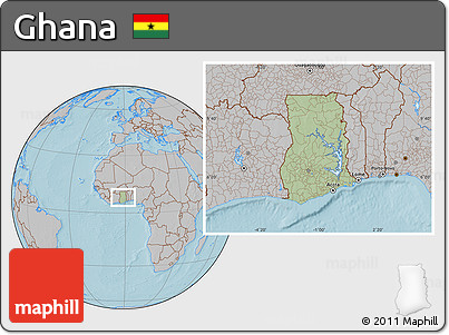 Savanna Style Location Map of Ghana, gray outside, hill shading